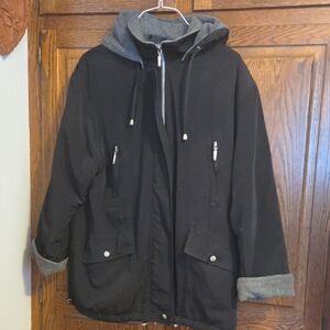 Black Hooded Jacket with Gray Fleece Lining.